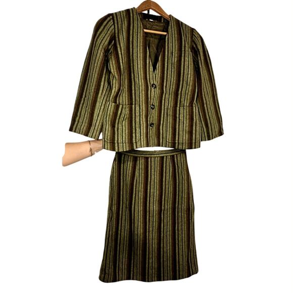 Vintage Women's Skirt Set Green Stripe‎ - Picture 1 of 8